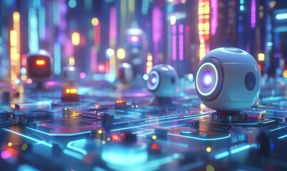 Fototapeta premium Futuristic city with glowing lights and robots.