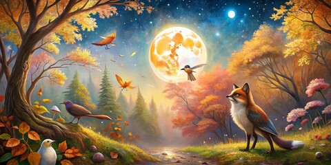 Watercolor Fox in Forest with Owl and Magpie under Moonlight - Autumn Night Landscape Photography