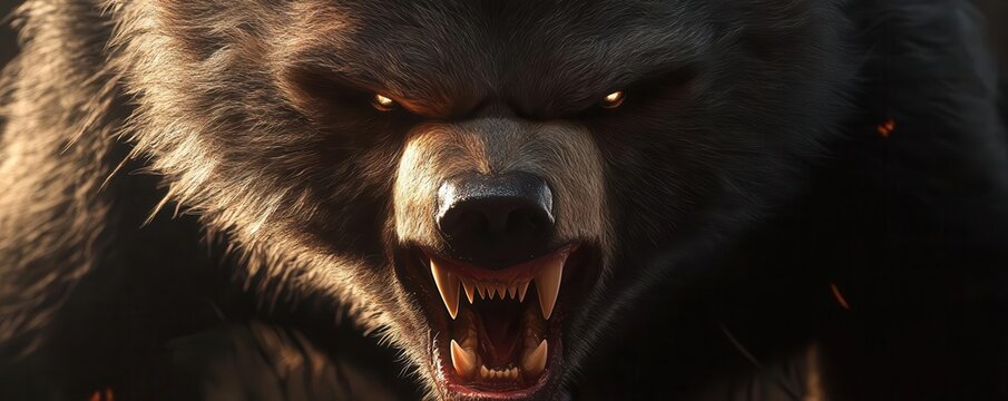 Close-up of a bear's growling face, focusing on flared nostrils and sharp fangs, fur standing on end with anger