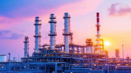 Fototapeta premium A vibrant sunset illuminates an industrial facility with tall smokestacks, showcasing a complex network of pipes and structures in an oil refinery setting.