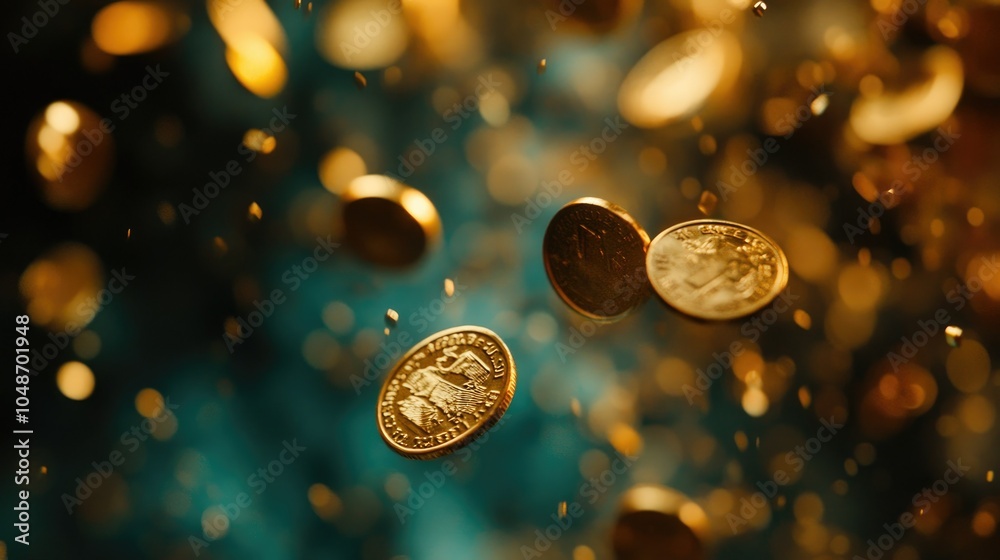 Fototapete richly golden coins fall dynamically against a blurred background, creating a scene filled with move