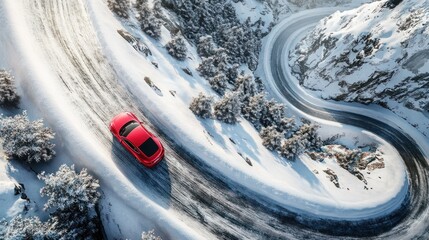 Red car driving on snowy road, winter landscape, aerial view of winding highway with snow-covered surroundings, travel and adventure concept