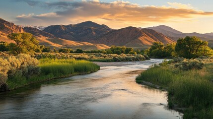 Obraz premium River and mountain landscape at sunset, with warm light casting a serene glow over nature.