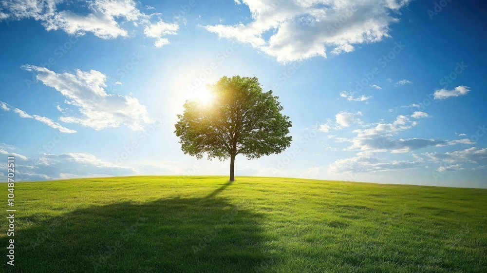 Poster Serene image of a single green tree with soft sunlight in an open field, symbolizing peace and nature.