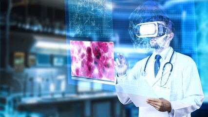 Medical worker holding medical document hologram while standing at laboratory. Doctor checking and...