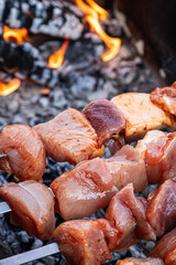 Cooking meat pork kebabs on flaming grill with selective focus