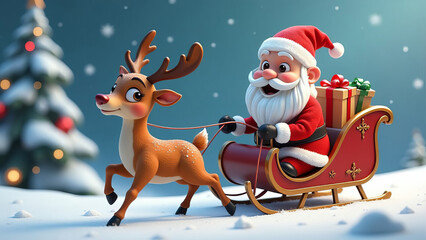 Santa Claus delivering Christmas gifts. Holiday background.