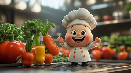 Playful Chef Cartoon Character Surrounded by Vegetables