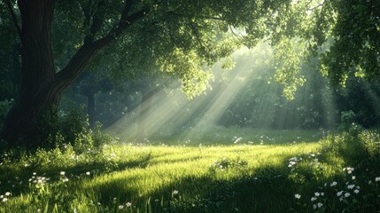 Fototapeta premium Sunlight gently glimmers over fresh, dewy green grass, evoking peace and the calm of a natural sanctuary.