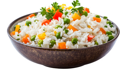Rice with vegetables on transparent background, isolated on white background