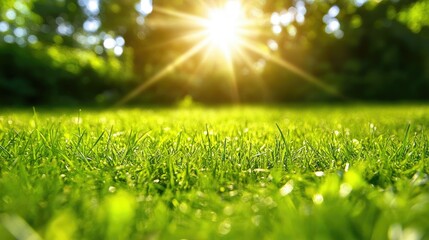 Naklejka premium Sunlit green grass, each blade radiating freshness, capturing the beauty and calm of the outdoors.