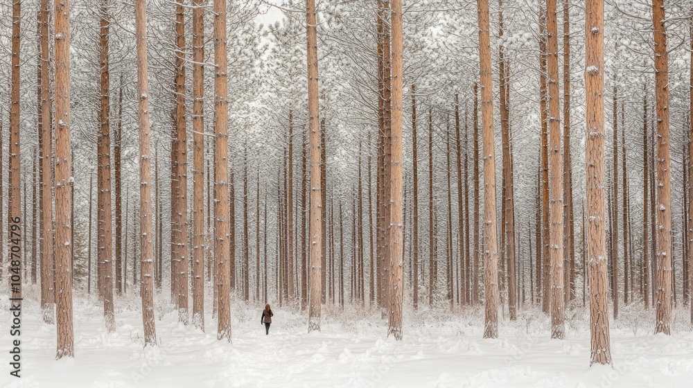 Poster a person is walking through a snowy forest with trees covered in snow