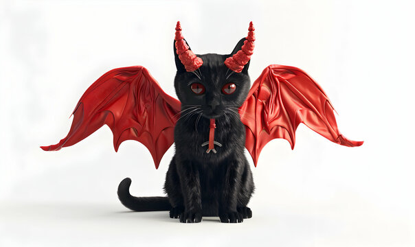 A black cat dressed as a devil with red horns and wings.