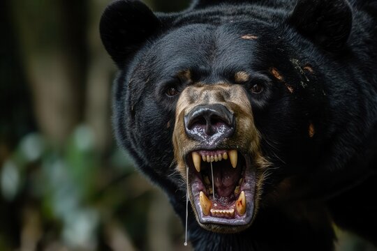 Snarling bear close-up with saliva dripping from sharp fangs, intense anger reflected in its deep, dark eyes