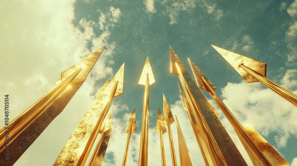Poster upward-pointing golden arrows reflect optimism against a bright sky with clouds, symbolizing the pat