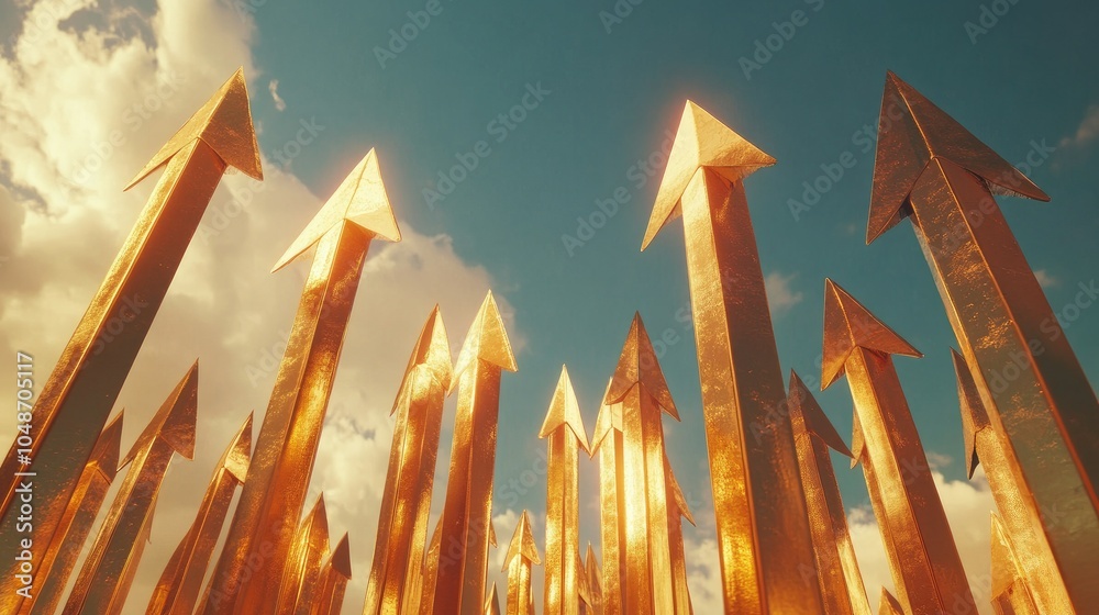 Poster upward-pointing golden arrows reflect optimism against a bright sky with clouds, symbolizing the pat