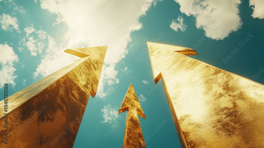 Poster upward-pointing golden arrows reflect optimism against a bright sky with clouds, symbolizing the pat