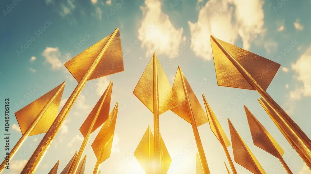 Poster upward-pointing golden arrows reflect optimism against a bright sky with clouds, symbolizing the pat