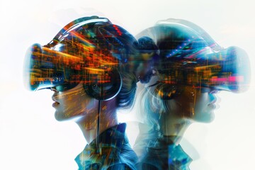 Exploring the metaverse with a headset through a double exposure effect revealing vibrant futuristic visuals