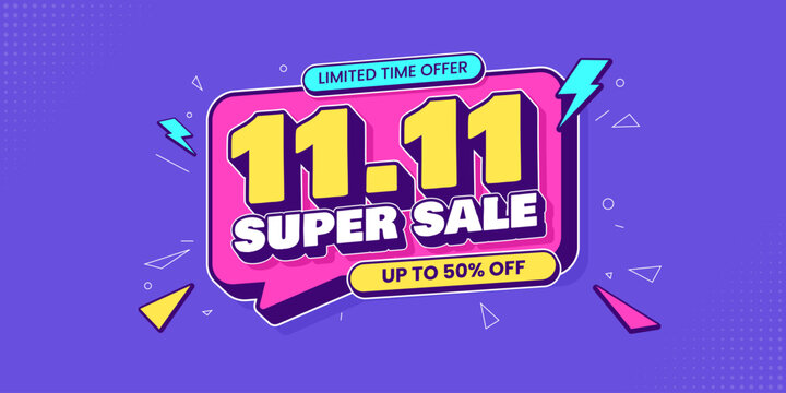 11 11 super sale promo banner with discount offer. 11 11 shopping festival super sale banner. Flash sale special offer banner for social media post or website banner. Flash sale campaign