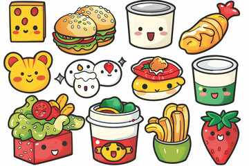 Cute cartoon food icons with smiley faces, including pizza, burger, fries, ice cream, sushi, and strawberry.