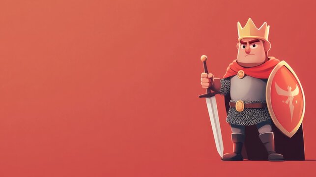 Cartoon king with a sword and shield on a red background.