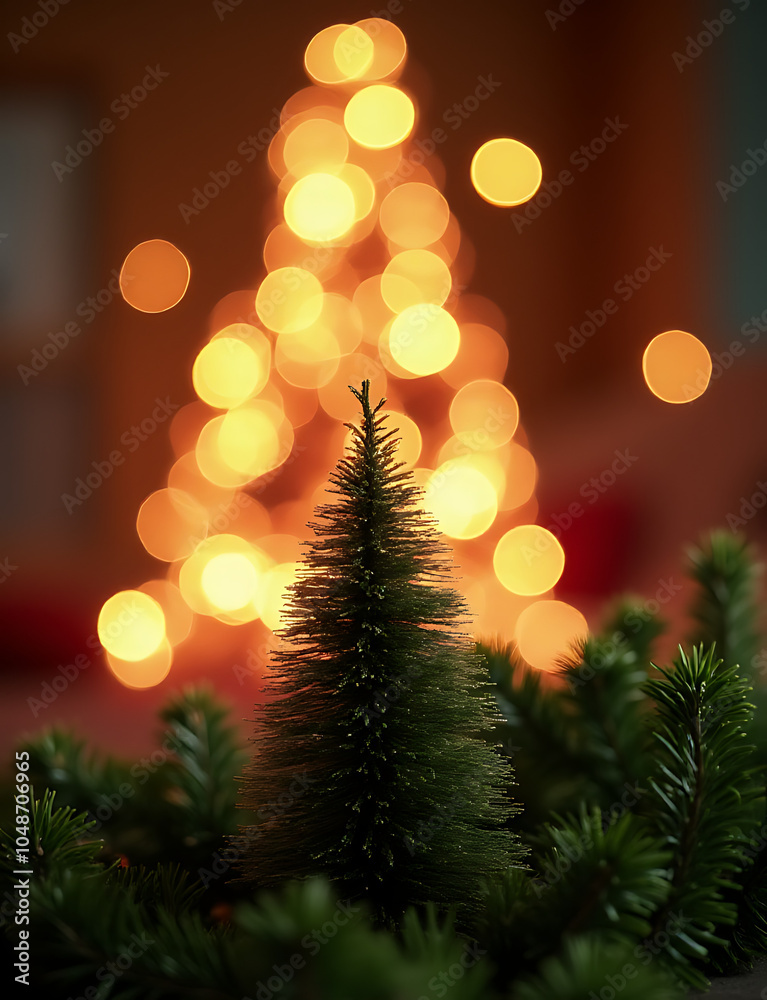 Poster A Christmas tree is surrounded by a blurred light with warm colors against an abstract holiday background and greenery.