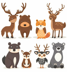 Cartoon illustration of a bear, deer, owl, fox and wolf in a forest.