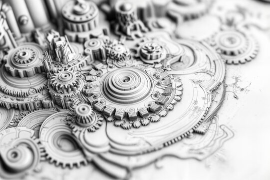 Dessin noir et blanc de rouages abstraits