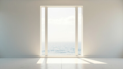 Fototapeta premium A minimalist room with a large window and a view of the sea.