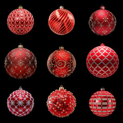 A set of red Christmas tree balls isolated in black background. Festive Christmas decorations with precious ornaments.