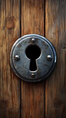 A weathered metal keyhole on a rustic wooden door.
