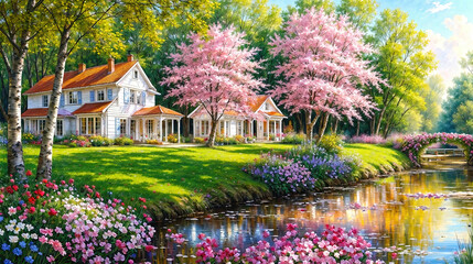 Obraz premium Oil painting on canvas summer landscape with wooden old house near river, beautiful flowers and trees.