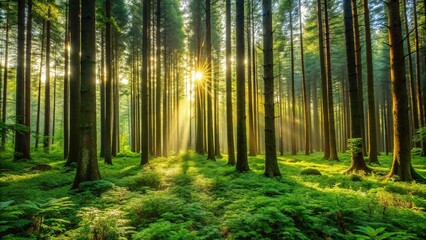 Obraz premium Lush dense forest with tall trees and glowing plants