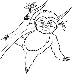 Cartoon sloth hanging on a tree branch line art