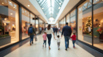 A family enjoys shopping in a large mall