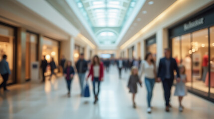 A family enjoys shopping in a large mall
