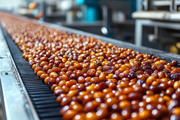Fototapeta premium Dates Moving on a Conveyor Belt in a Food Processing Facility