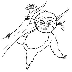 Cartoon sloth hanging on a tree branch line art