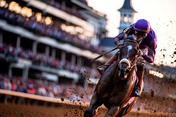 Close-up of a jockey riding a racehorse during the Kentucky Derby, vibrant colors and motion blur, with blurred crowd in the background