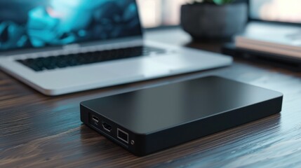 Black External Hard Drive on Wooden Desk with Laptop in Background