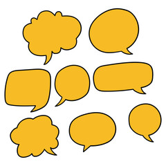 Hand drawn cartoon set of yellow speech bubbles on a white background.