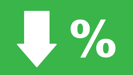 Decreasing percentage concept. A bold downward arrow next to a percentage symbol against a green background. For reduction, reduce, or decline themes.