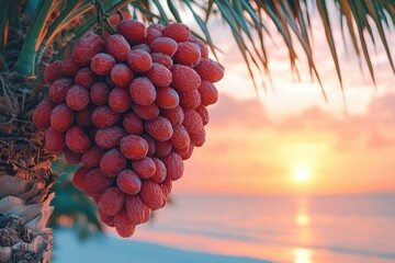Fototapeta premium Red Dates Hanging From Palm Tree At Sunset
