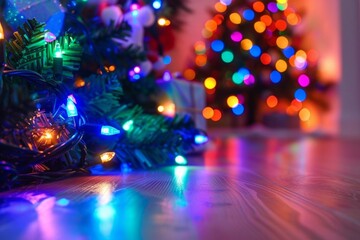 Rustic wooden background with pine branches, Christmas lights, and red ornaments. Ideal for holiday banners, backgrounds, or festive seasonal headers.