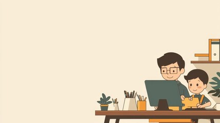 Fototapeta premium Parent working while child draws beside them, multitasking harmony, family and career
