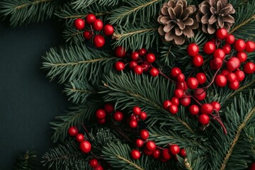 Festive Christmas tree adorned with vibrant red berries and rustic pine cones against a snowy backdrop.