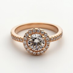 Naklejka premium Elegant rose gold ring with a sparkling diamond centerpiece, white isolate background.