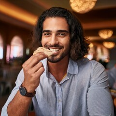 handsome man eating pita bread, AI generated