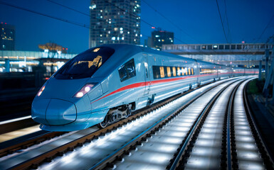 Obraz premium A nighttime shot of a high-speed train on illuminated tracks, with city lights reflecting off its sides, capturing a sense of motion in a modern urban environment.